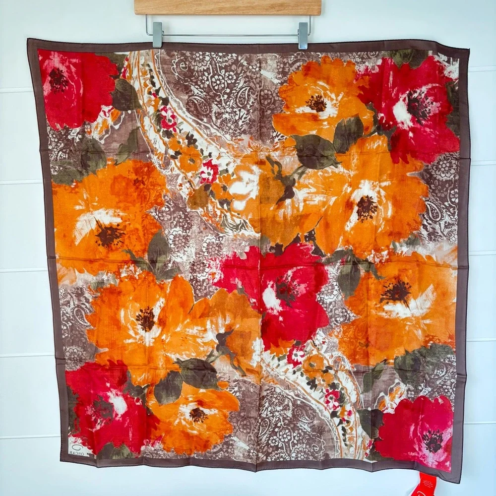 Floral Print Silk Scarf in Orange & Red